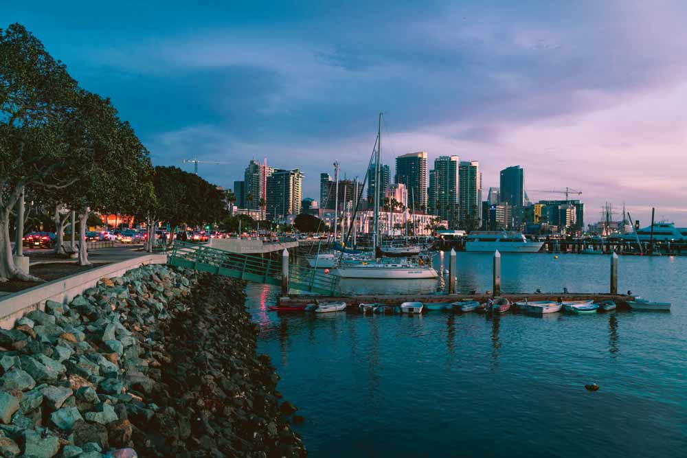 Marina and city skyline at dusk