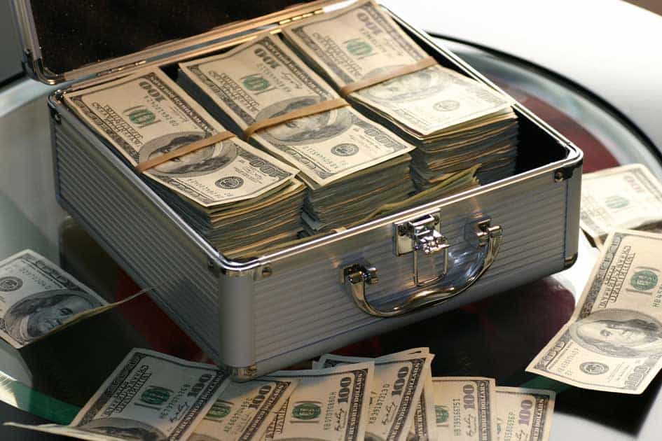 Metal case filled with bundles of hundred-dollar bills