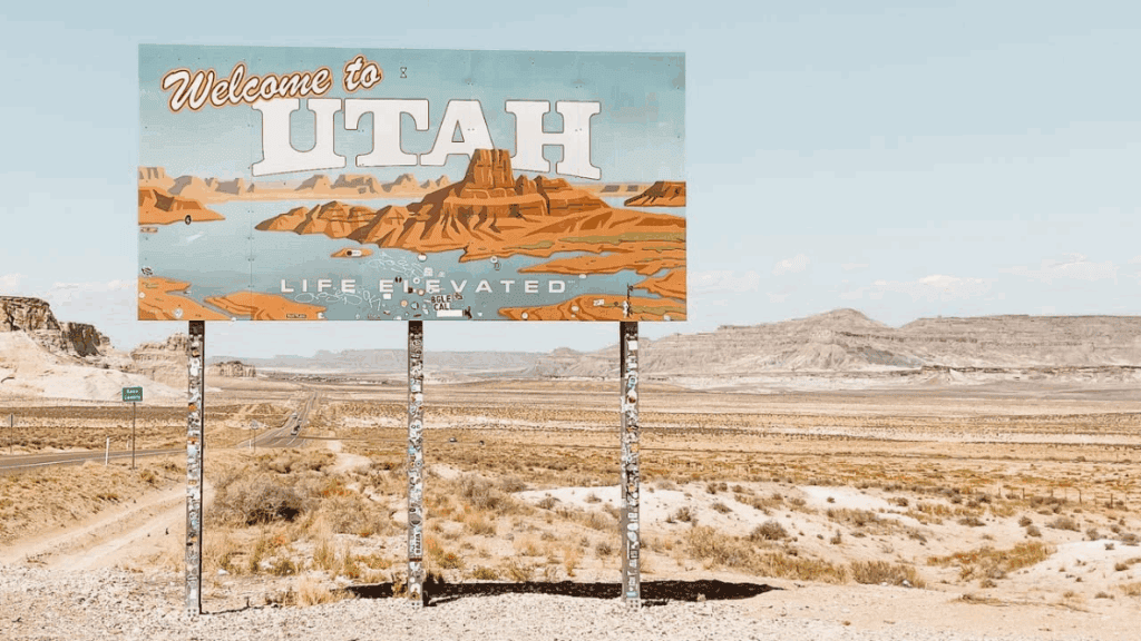 Welcome to Utah roadside sign in the desert