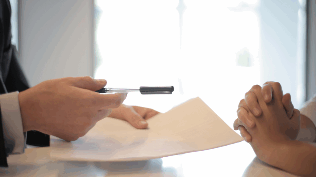 Hands across a table, one offering a pen over a document