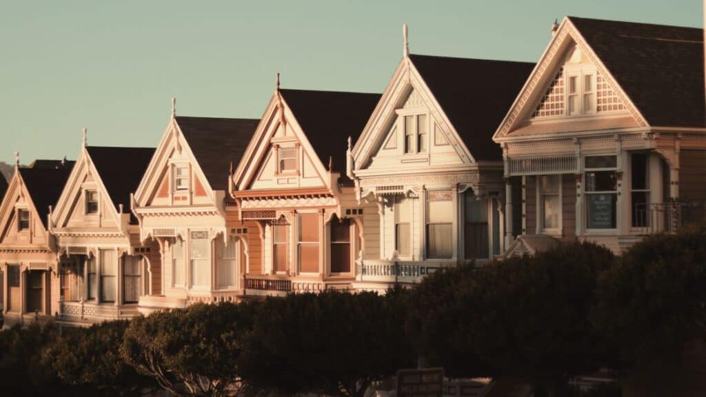 Row of Victorian houses at sunset