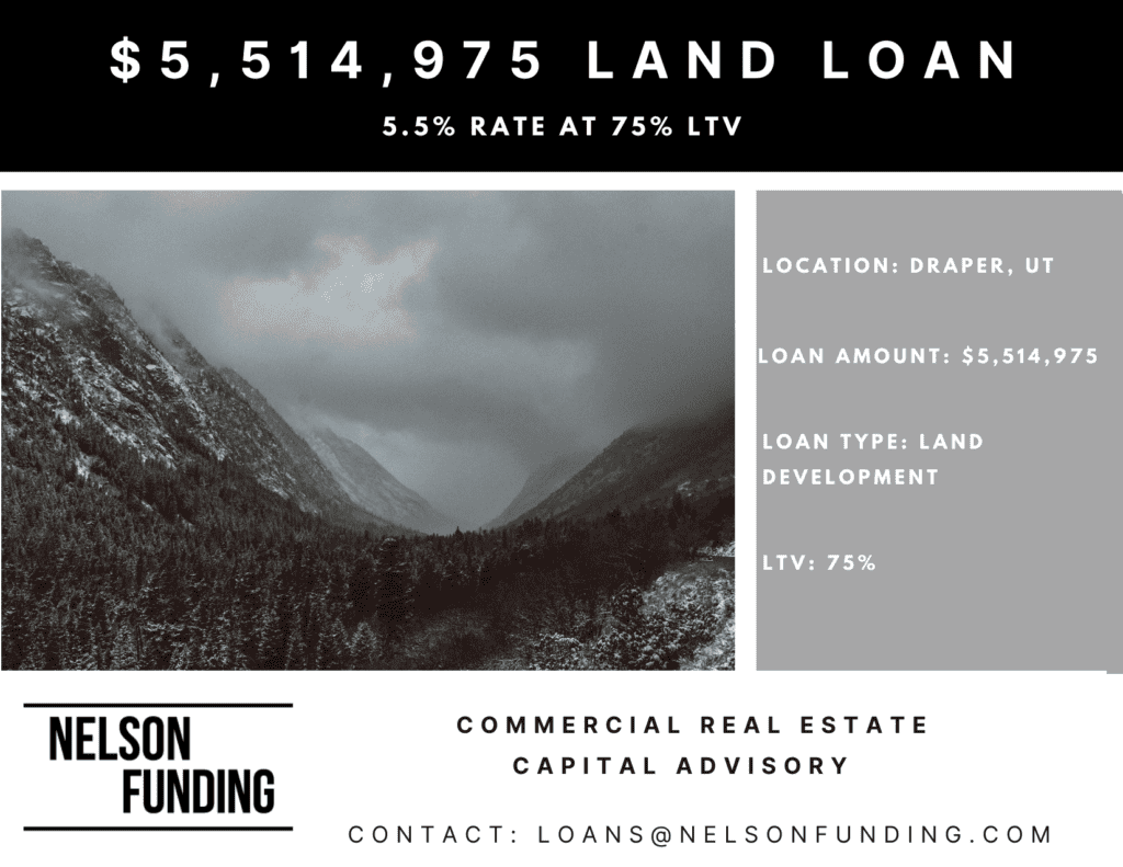 Nelson Funding deal graphic: $5,514,975 land loan, 5.5% rate at 75% LTV