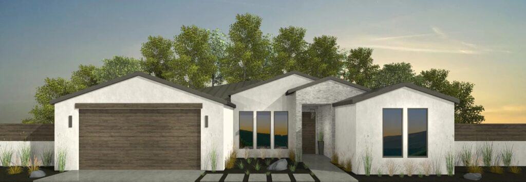 Rendering of a single-storey modern home at sunset