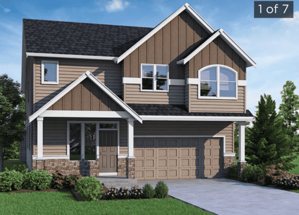 Rendering of a two-storey craftsman-style house with a double garage