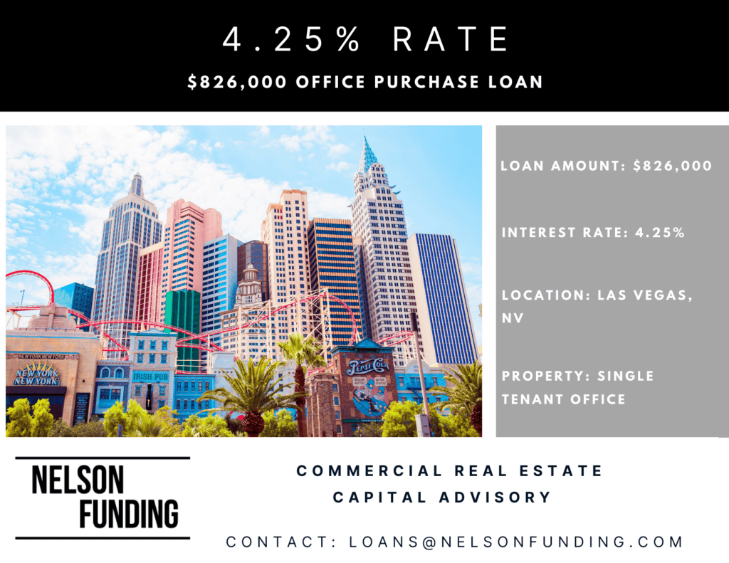Nelson Funding deal graphic: 4.25% rate, $826,000 office purchase loan