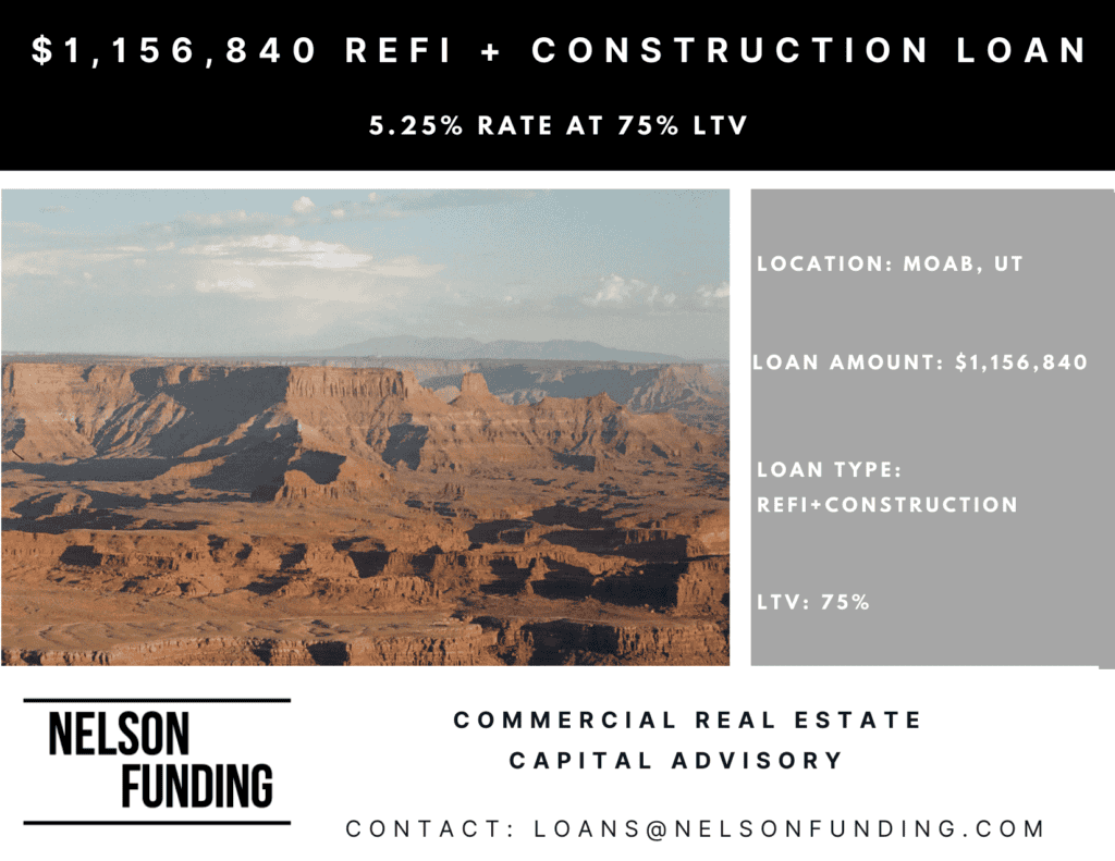 Nelson Funding deal graphic: $1,156,840 refi and construction loan, 5.25% rate at 75% LTV
