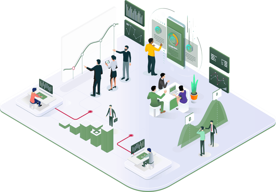 Isometric illustration of a team working among charts and dashboards