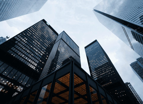 Glass skyscrapers seen from street level