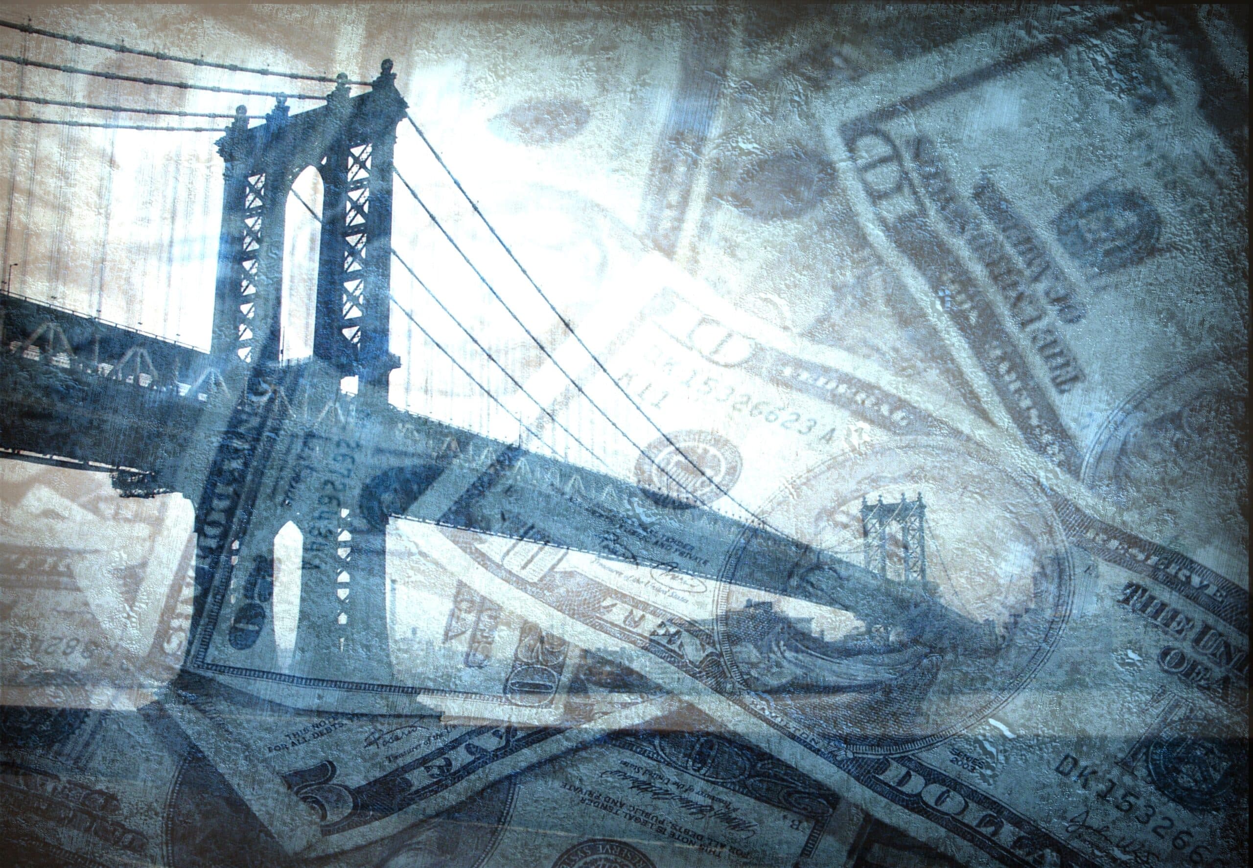 Suspension bridge overlaid on hundred-dollar bills