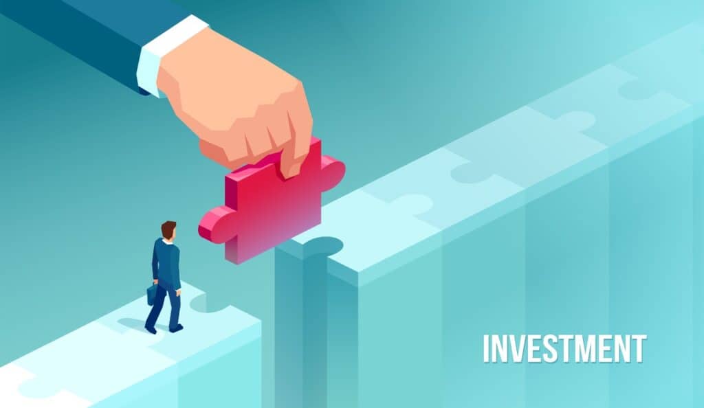 Illustration of a hand placing a puzzle piece to bridge a gap for a walking figure, labelled Investment