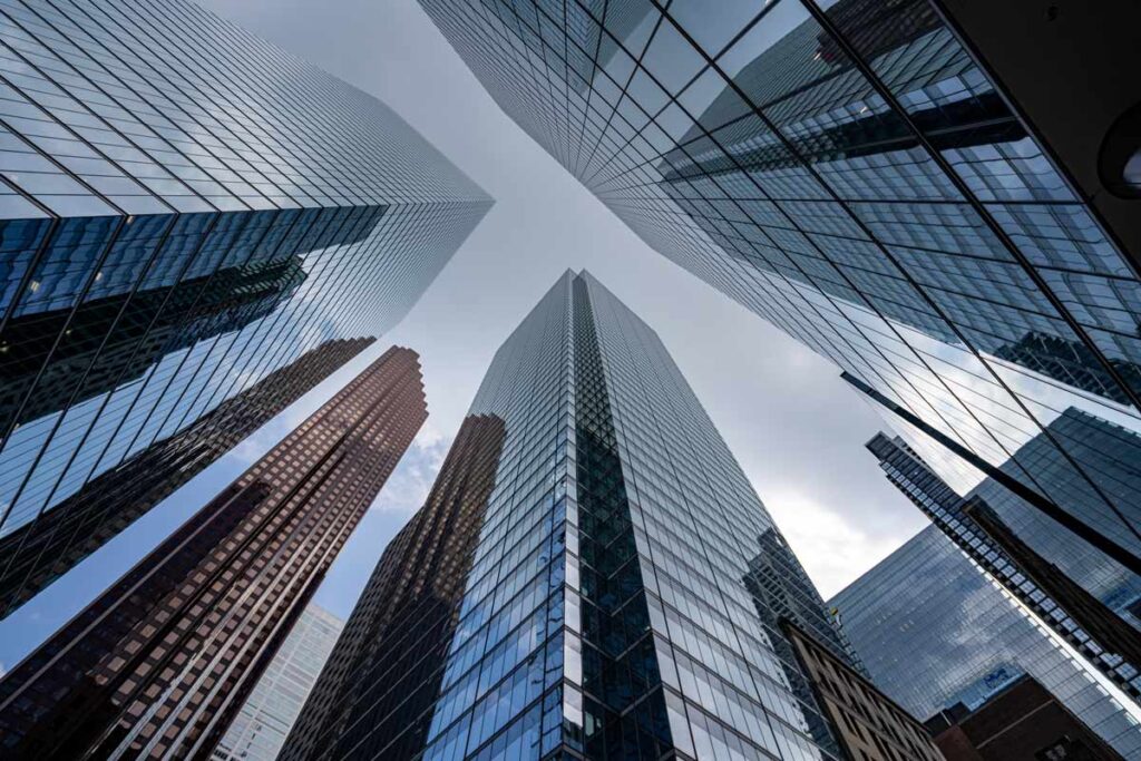 Glass skyscrapers seen from street level