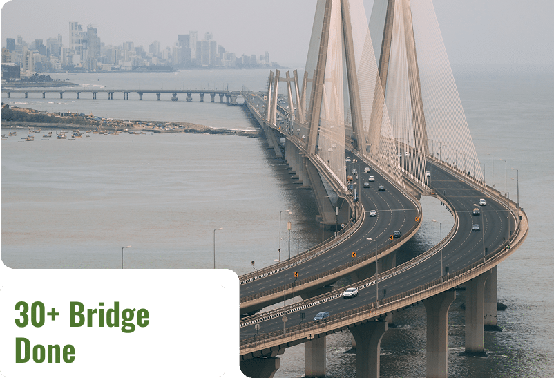 Cable-stayed bridge over water with a badge reading 30+ Bridge Done